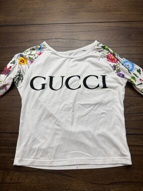 GG Collection White Logo Tee with Floral Long Sleeves